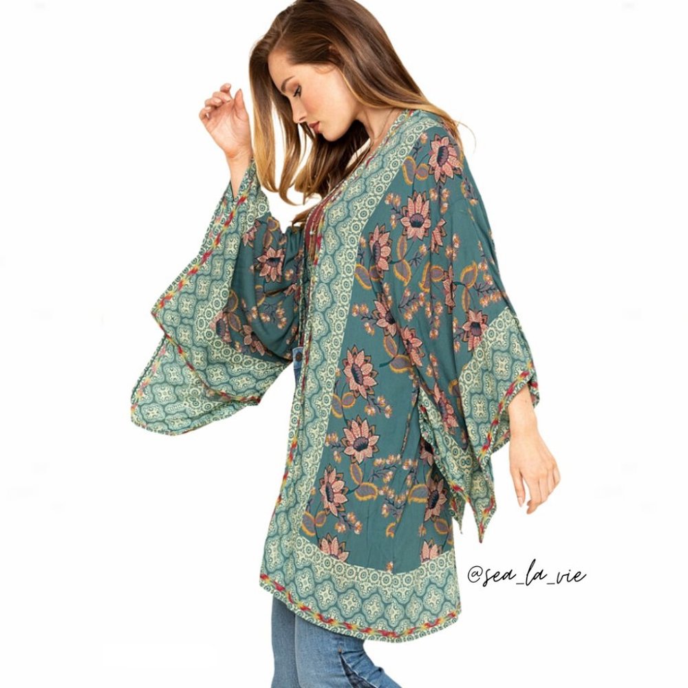 Bohemian Floral Waist-Tie Handkerchief Wrap Kimono - Picture 1 of 14